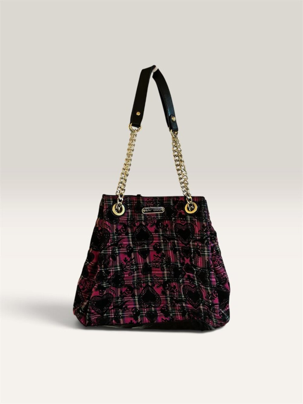 Betsey Johnson Funky Large Pink/Black Slouch Shoulder Bag Chain Shoulder Straps